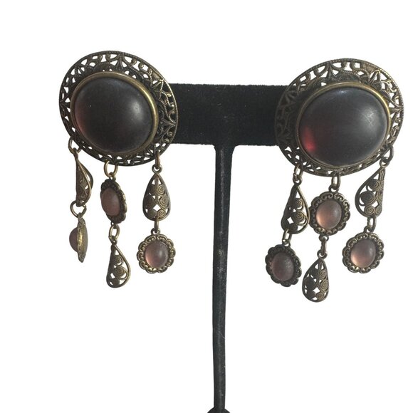 Vintage Bohemian Dangle Earrings Pink Plum Beads Ornate Gold Tone Design - Picture 6 of 6